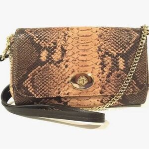 Coach Snake-Embossed Crossbody Bag in Brown and Tan with Gold Chain